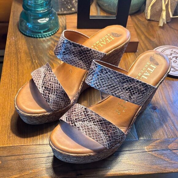Italian Shoemakers Shoes - Italian Shoemakers Snakeskin Wedges - Brown and Cream